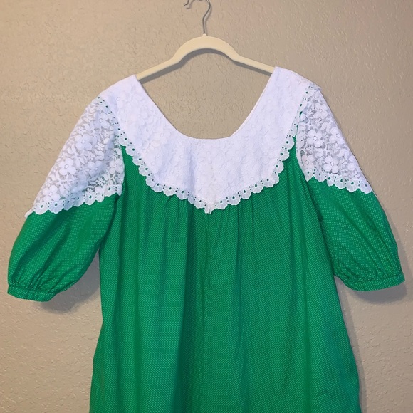 HILDA HAWAII Muumuu Maxi Dress Vintage 70's Lace Green Polka Dots - Picture 5 of 7